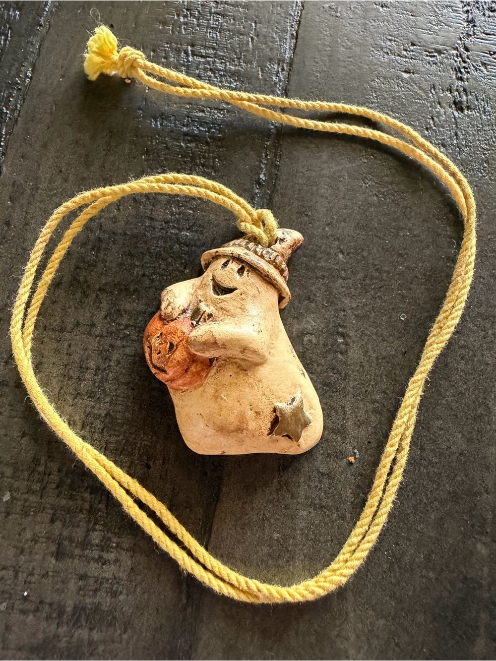Yellow Cord Necklace with Carved Cream Ghost Pendant